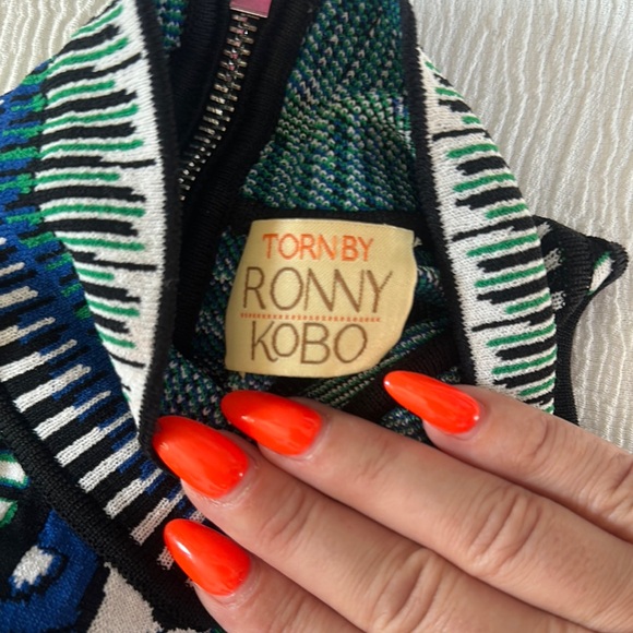 Torn by Ronny Kobo Blue Black Graphic stretch knit halter style Tank Top - Picture 2 of 8